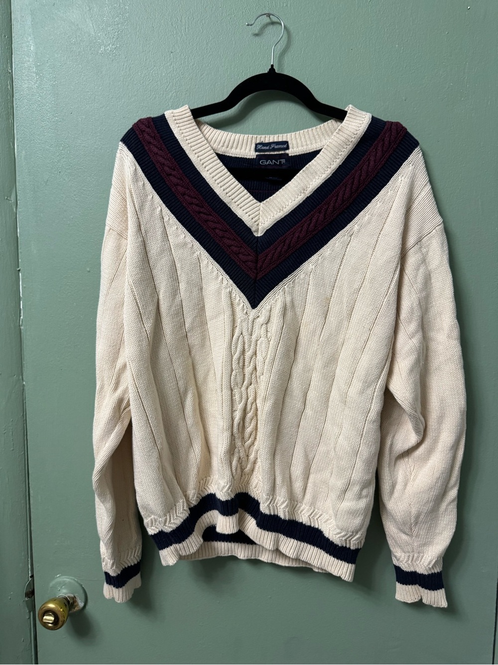 Gant Cream Crewneck Sweater with Navy and Burgundy Trim